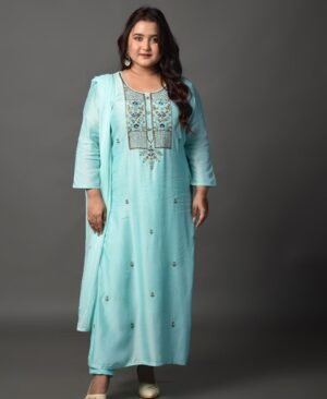 Women's Turquoise Blue Dola Silk & Malai Cotton Kurti Set