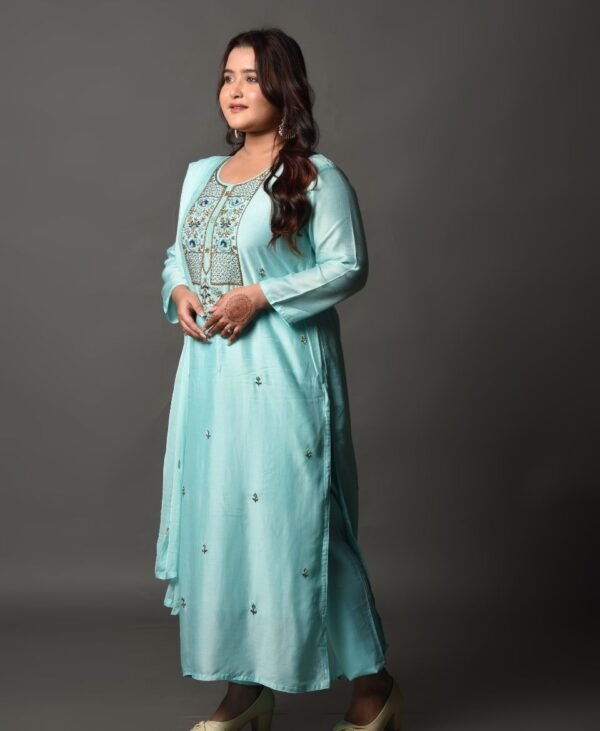 Women's Turquoise Blue Dola Silk & Malai Cotton Kurti Set - Image 4