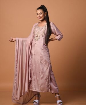 Women's Wine Pink Dola Silk & Malai Cotton Kurti Set