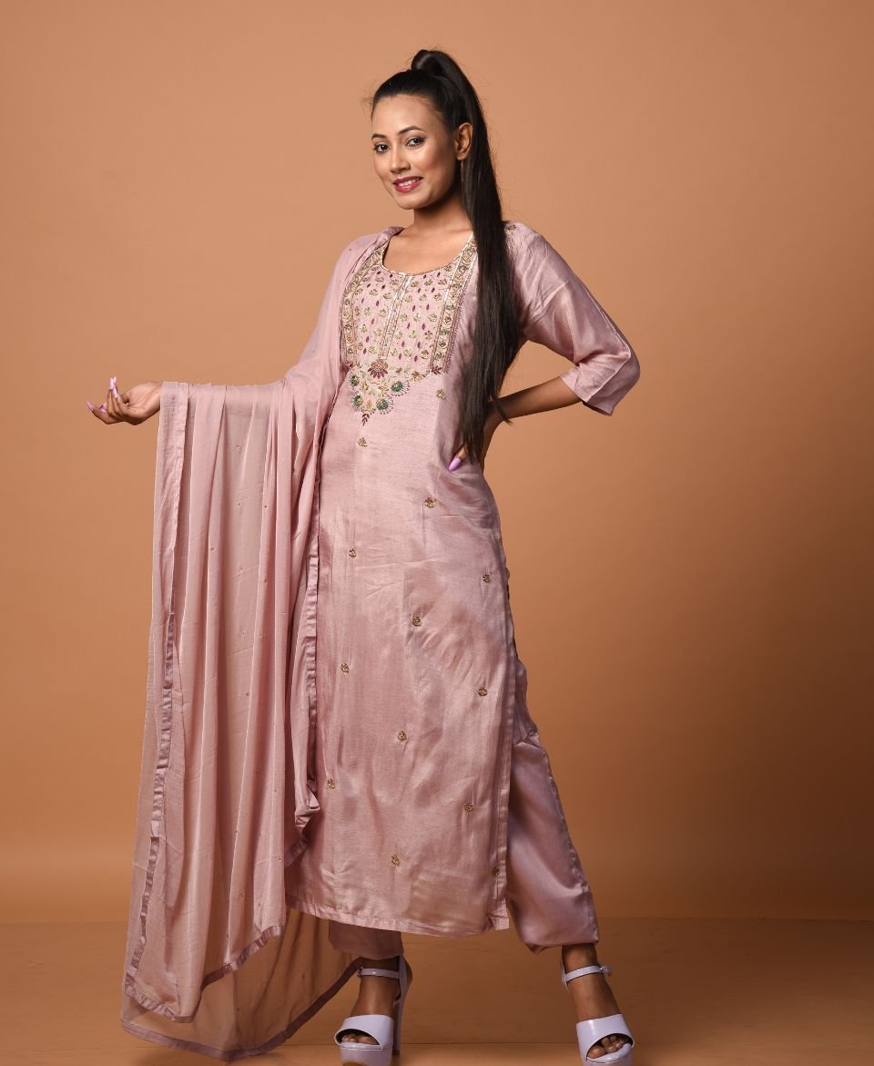 Women's Wine Pink Dola Silk & Malai Cotton Kurti Set