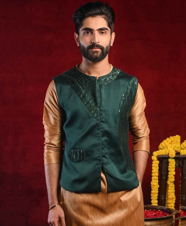 Sacramento Green and Golden Majesty - Men's Chanderi and Dupion Silk Kurta Set for Party Wear
