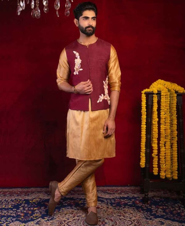 Glossy Maroon and Golden Majesty - Men's Dola and Dupion Silk Kurta Set for Party Wear