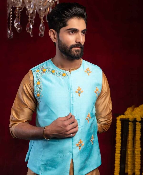 Turquoise Blue and Golden Regalia - Men's Dola Silk and Dupion Silk Kurta Set for Party Wear - Image 2