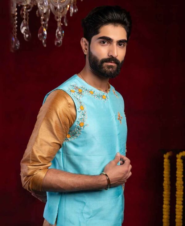 Turquoise Blue and Golden Regalia - Men's Dola Silk and Dupion Silk Kurta Set for Party Wear