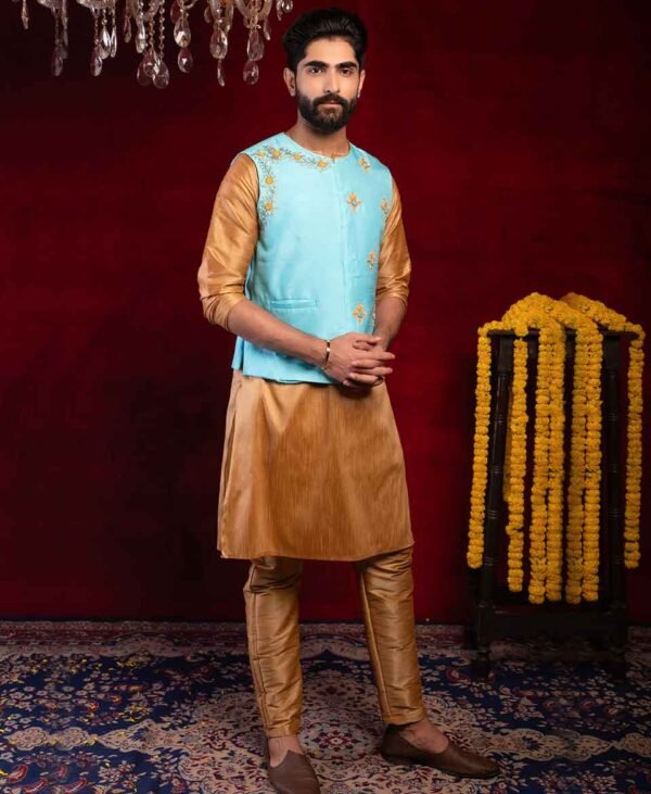Turquoise Blue and Golden Regalia - Men's Dola Silk and Dupion Silk Kurta Set for Party Wear - Image 3