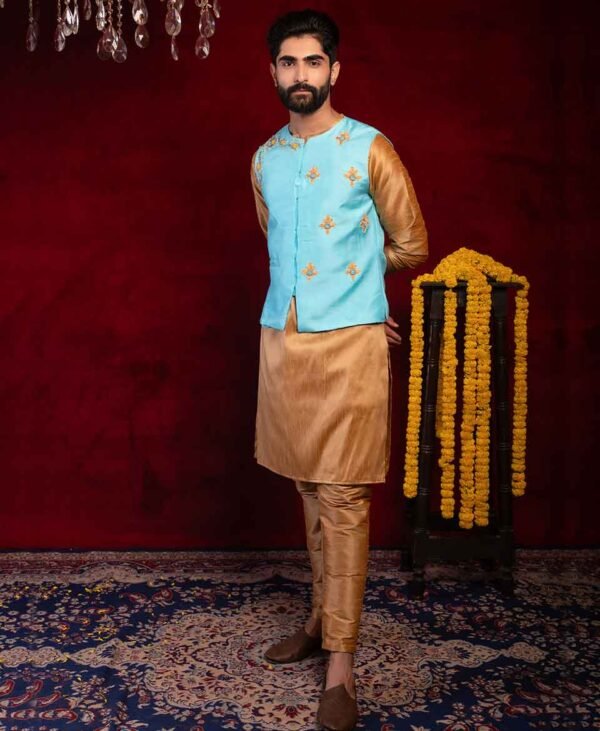 Turquoise Blue and Golden Regalia - Men's Dola Silk and Dupion Silk Kurta Set for Party Wear - Image 4