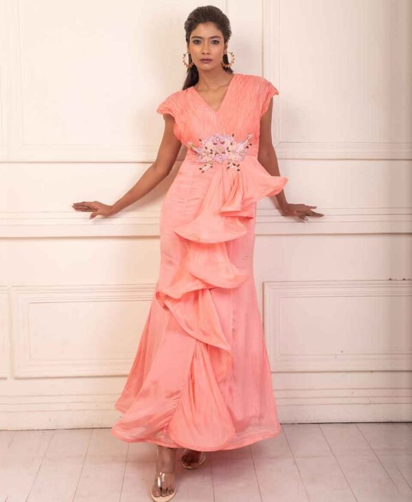 Orchid Dreams: Exclusive High Fashion Chinnon Silk Orchid Pink Indo-Western Gown for Luxury Wear