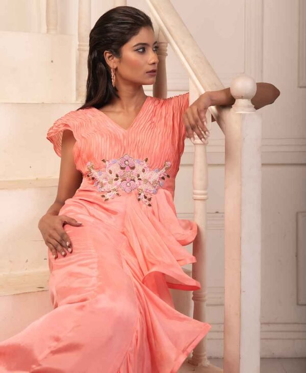 Orchid Dreams: Exclusive High Fashion Chinnon Silk Orchid Pink Indo-Western Gown for Luxury Wear - Image 3