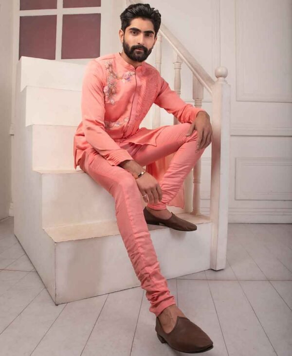 Orchid Pink Elegance - Draped Bandhgala Men’s Set in Chinnon Silk - Image 2