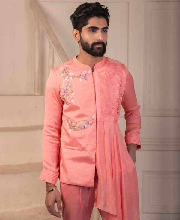 Orchid Pink Elegance - Draped Bandhgala Men’s Set in Chinnon Silk