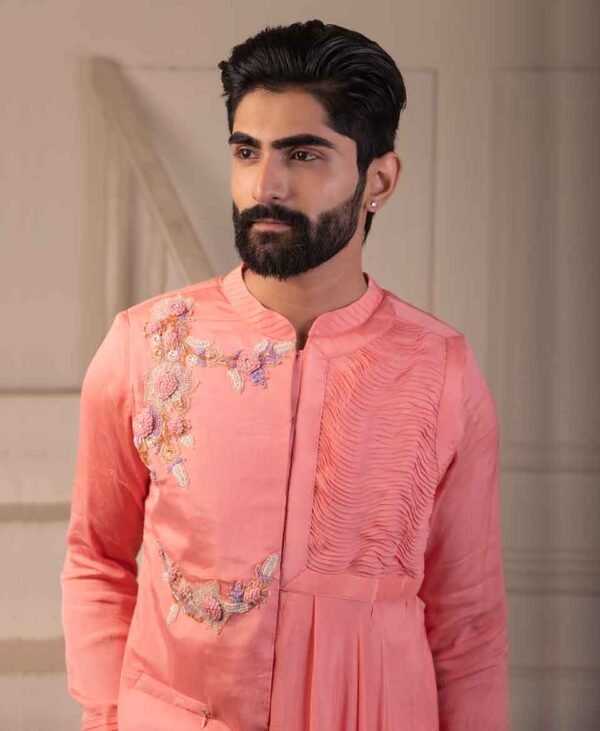 Orchid Pink Elegance - Draped Bandhgala Men’s Set in Chinnon Silk - Image 3