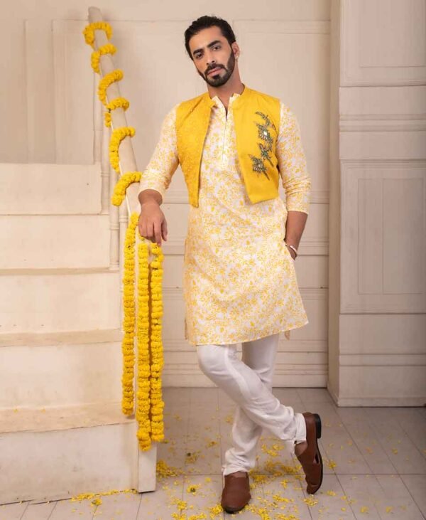 Turmeric Yellow Splendor - Men's Kurta Set in Cambric Cotton, Dola Silk, and Organza Fabric