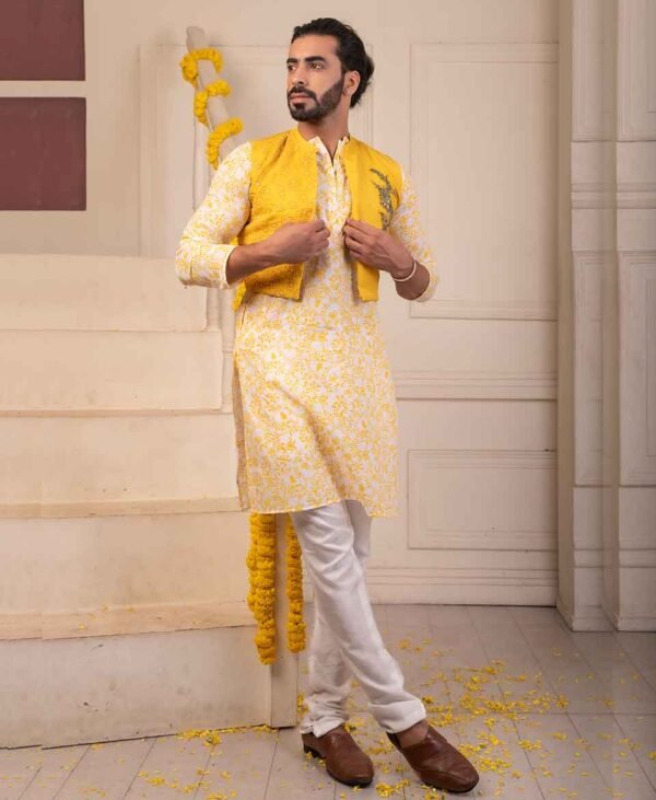 Turmeric Yellow Splendor - Men's Kurta Set in Cambric Cotton, Dola Silk, and Organza Fabric - Image 2
