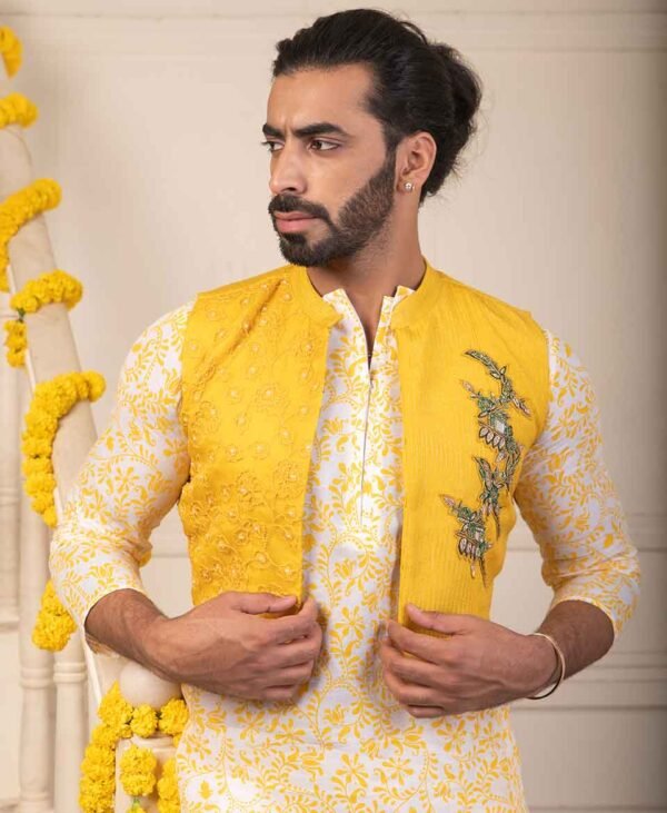 Turmeric Yellow Splendor - Men's Kurta Set in Cambric Cotton, Dola Silk, and Organza Fabric - Image 3