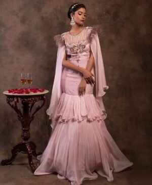 Regal Reverie - Exclusive High Fashion Chinnon Silk Queen Pink Party Wear Gown for Indo-Western and Luxury Wear