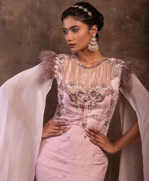 Regal Reverie - Exclusive High Fashion Chinnon Silk Queen Pink Party Wear Gown for Indo-Western and Luxury Wear - Image 2