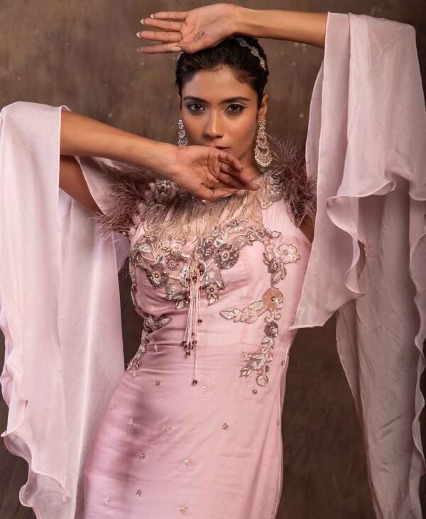 Regal Reverie - Exclusive High Fashion Chinnon Silk Queen Pink Party Wear Gown for Indo-Western and Luxury Wear - Image 3