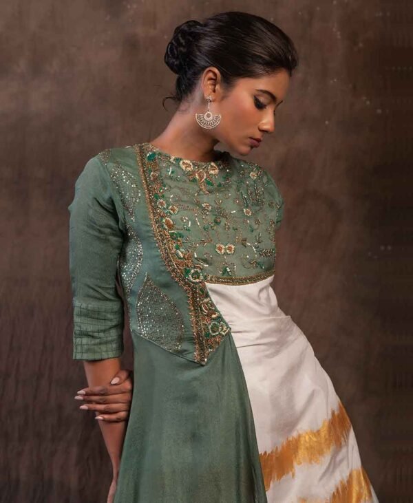 Stunning Olive Green Elegance - Exclusive High Fashion Silk and Georgette Gown for Festive and Luxury Wear - Image 5