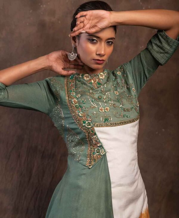Stunning Olive Green Elegance - Exclusive High Fashion Silk and Georgette Gown for Festive and Luxury Wear - Image 7