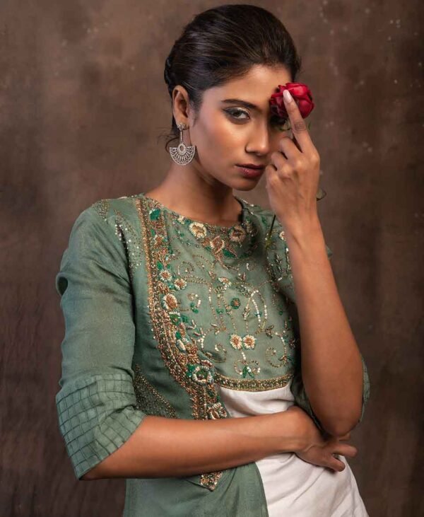 Stunning Olive Green Elegance - Exclusive High Fashion Silk and Georgette Gown for Festive and Luxury Wear - Image 8