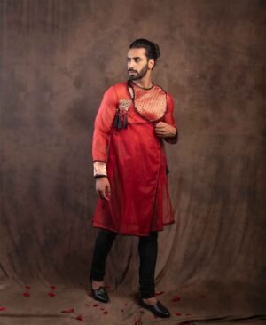 Crimson Royale - Men's Party Wear Kurta in Organza, Raw Silk, and Brocade Silk with Black Detailing