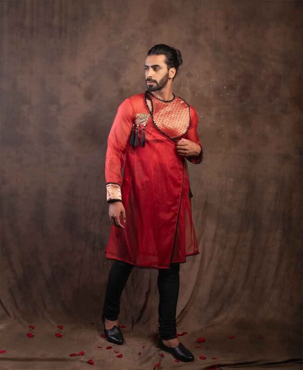 Crimson Royale - Men's Party Wear Kurta in Organza, Raw Silk, and Brocade Silk with Black Detailing