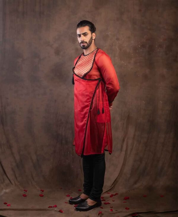 Crimson Royale - Men's Party Wear Kurta in Organza, Raw Silk, and Brocade Silk with Black Detailing - Image 2