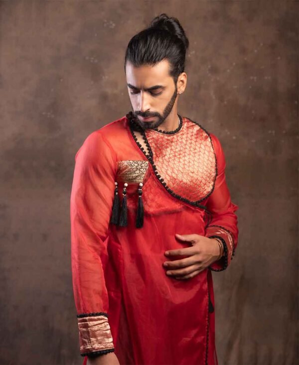 Crimson Royale - Men's Party Wear Kurta in Organza, Raw Silk, and Brocade Silk with Black Detailing - Image 3