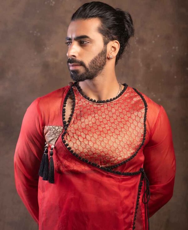 Crimson Royale - Men's Party Wear Kurta in Organza, Raw Silk, and Brocade Silk with Black Detailing - Image 4