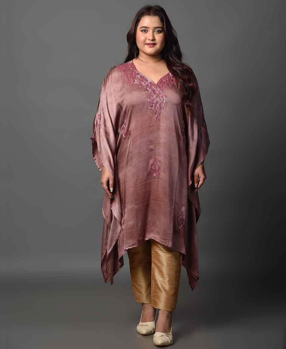 Satin Elegance - Modal Satin Kurti and Kaftan Set in Sienna Brown, Perfect for Party Wear